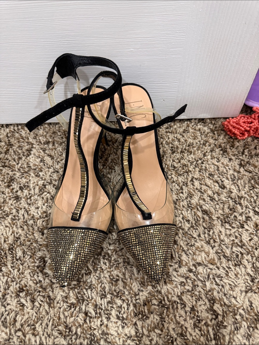 Elegant Black Ankle-Strap Pointed Toe Pumps with Gold Accents